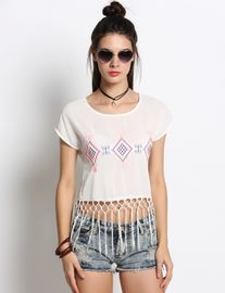 tops for women 2016 Women Round Neck Embroidery Tassel Blouse Crop Tops