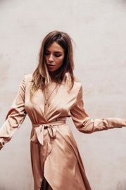 Fall Women Clothing Sexy Deep V Neck Satin Wrap Dress